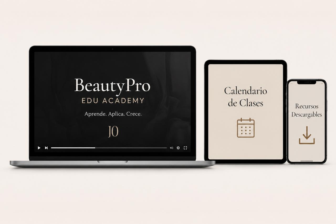 Mockup de BeautyPro Edu Academy en laptop, tablet y teléfono